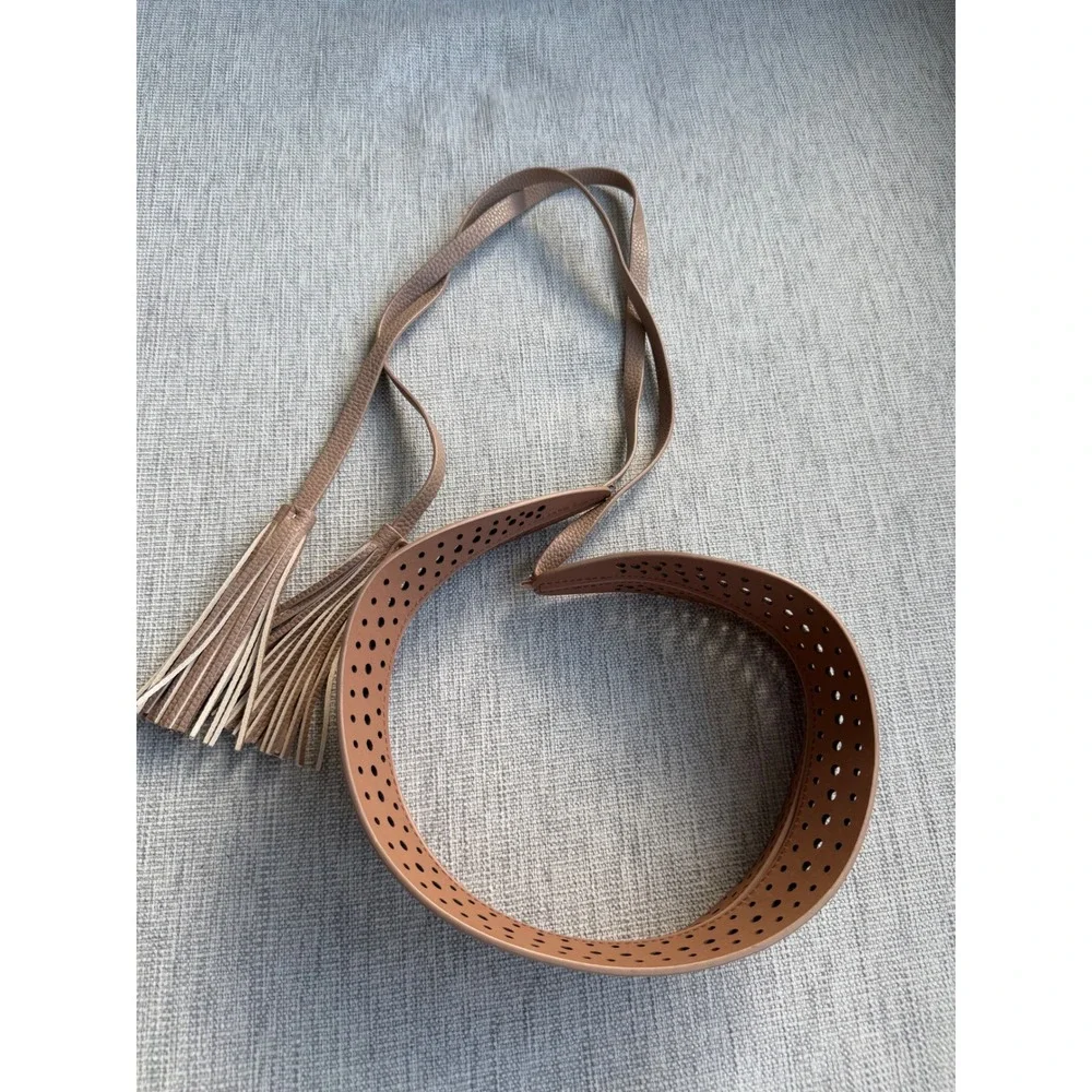 BCBGMAXAZRIA Tan Perforated Leather Obi Wrap Belt with Tassels XS S
